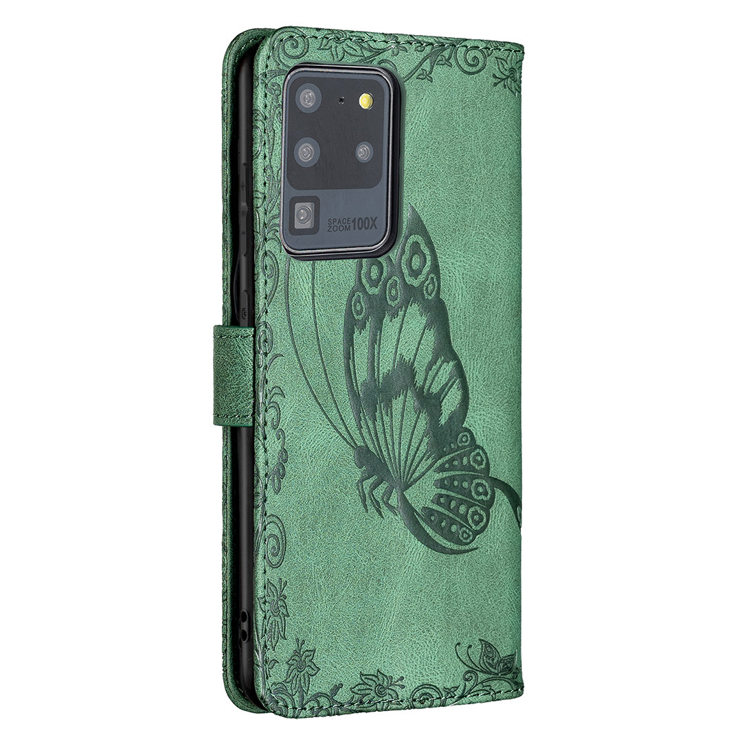 Imprint Butterfly Flower Leather Wallet Shell Cover for Samsung Galaxy S20 Ultra - Green