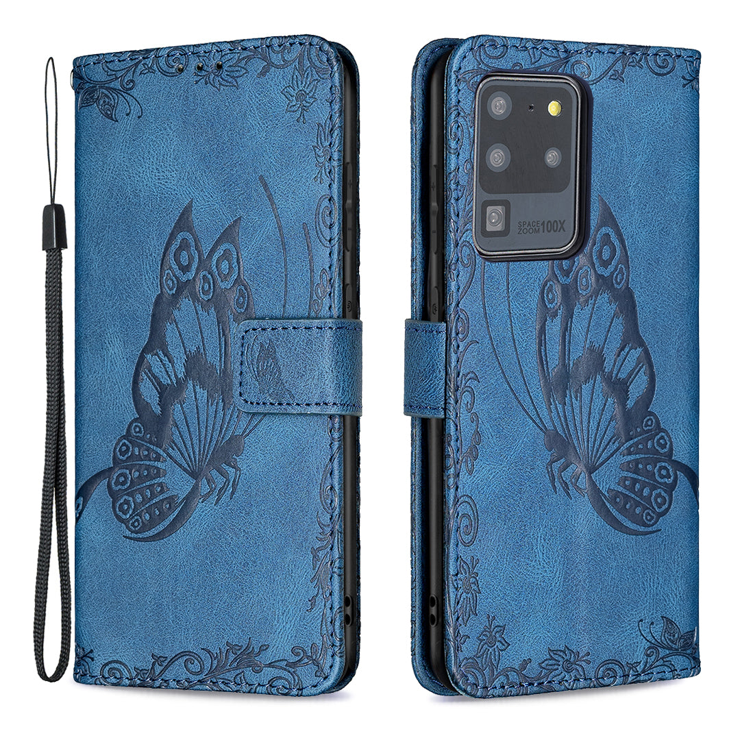 Imprint Butterfly Flower Leather Wallet Shell Cover for Samsung Galaxy S20 Ultra - Blue
