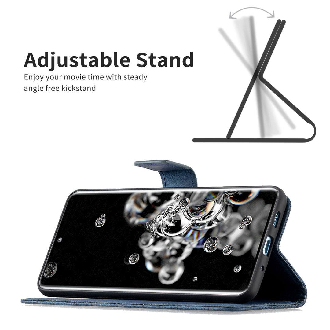 Imprint Butterfly Flower Leather Wallet Shell Cover for Samsung Galaxy S20 Ultra - Blue