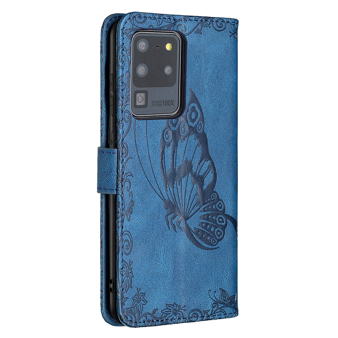 Imprint Butterfly Flower Leather Wallet Shell Cover for Samsung Galaxy S20 Ultra - Blue