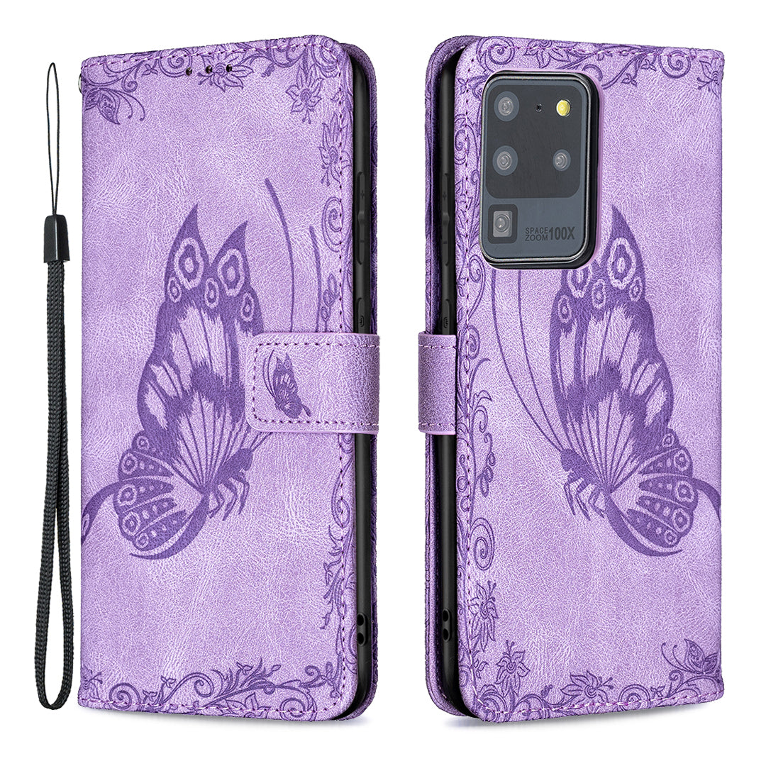 Imprint Butterfly Flower Leather Wallet Shell Cover for Samsung Galaxy S20 Ultra - Purple