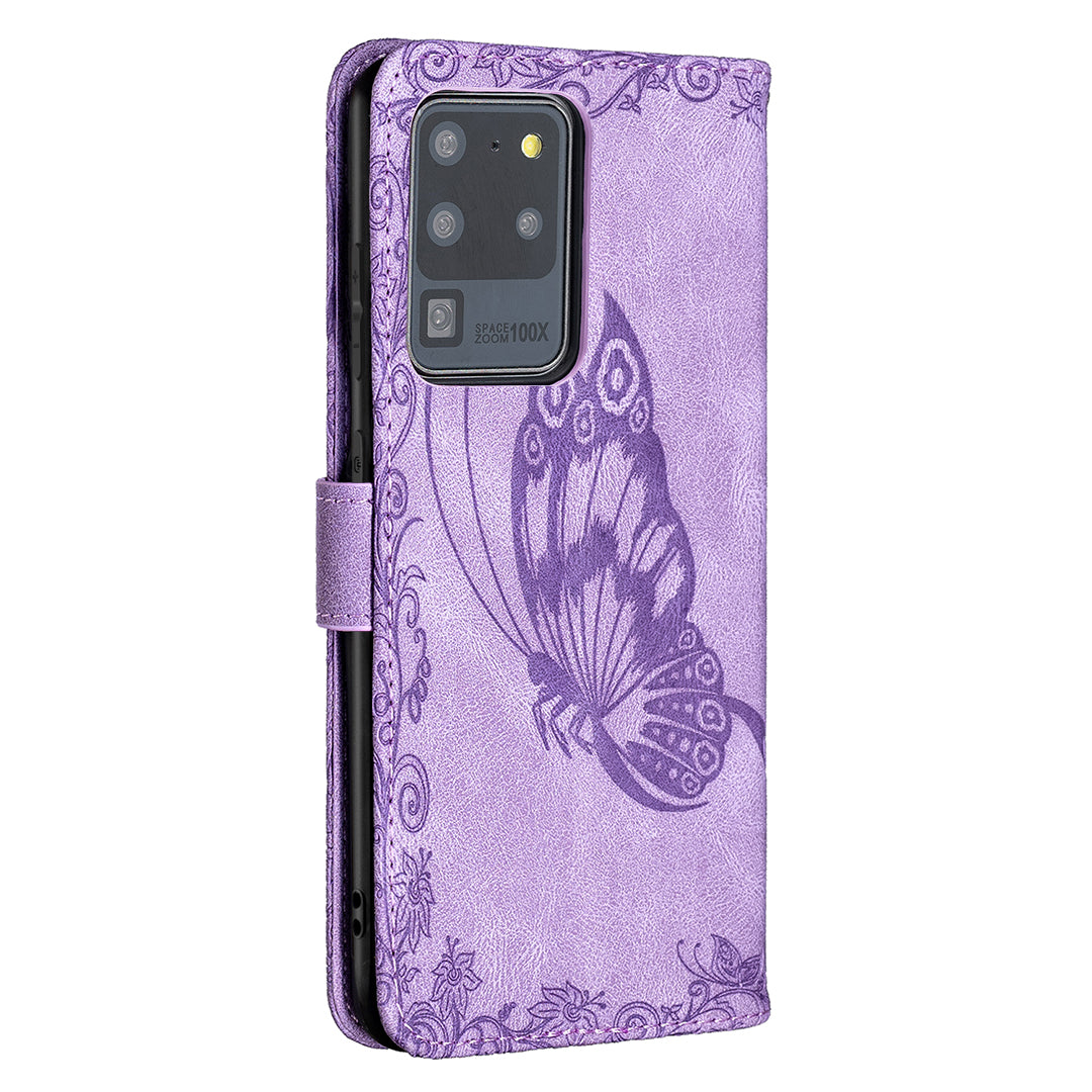 Imprint Butterfly Flower Leather Wallet Shell Cover for Samsung Galaxy S20 Ultra - Purple
