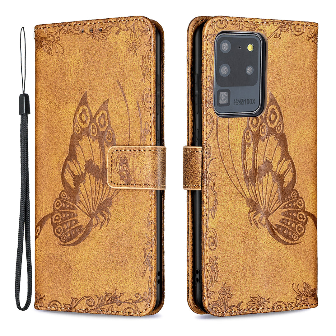 Imprint Butterfly Flower Leather Wallet Shell Cover for Samsung Galaxy S20 Ultra - Brown