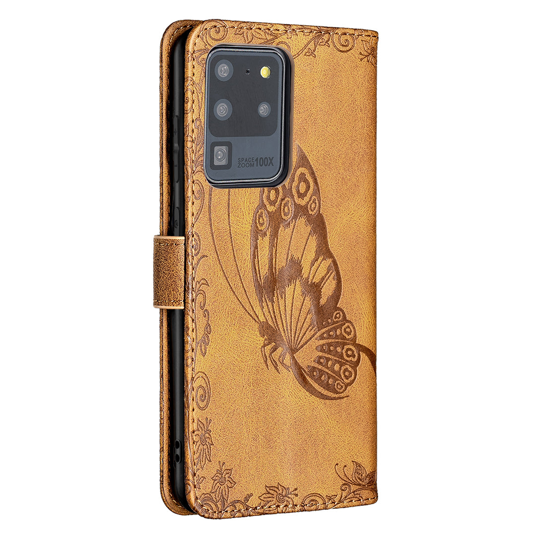 Imprint Butterfly Flower Leather Wallet Shell Cover for Samsung Galaxy S20 Ultra - Brown