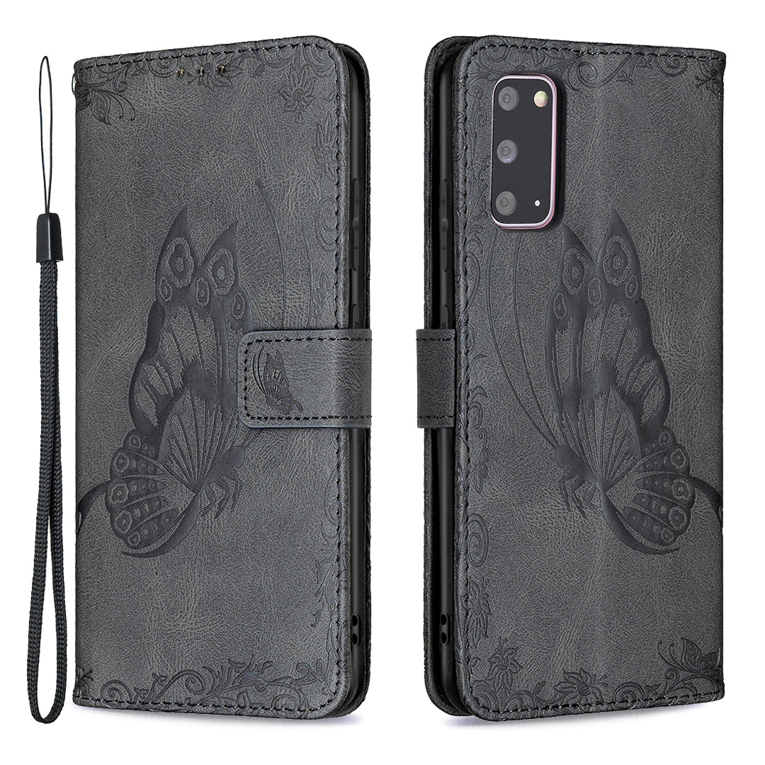 Imprint Butterfly Flower Leather Wallet Shell Case for Samsung Galaxy S20 4G/S20 5G - Black