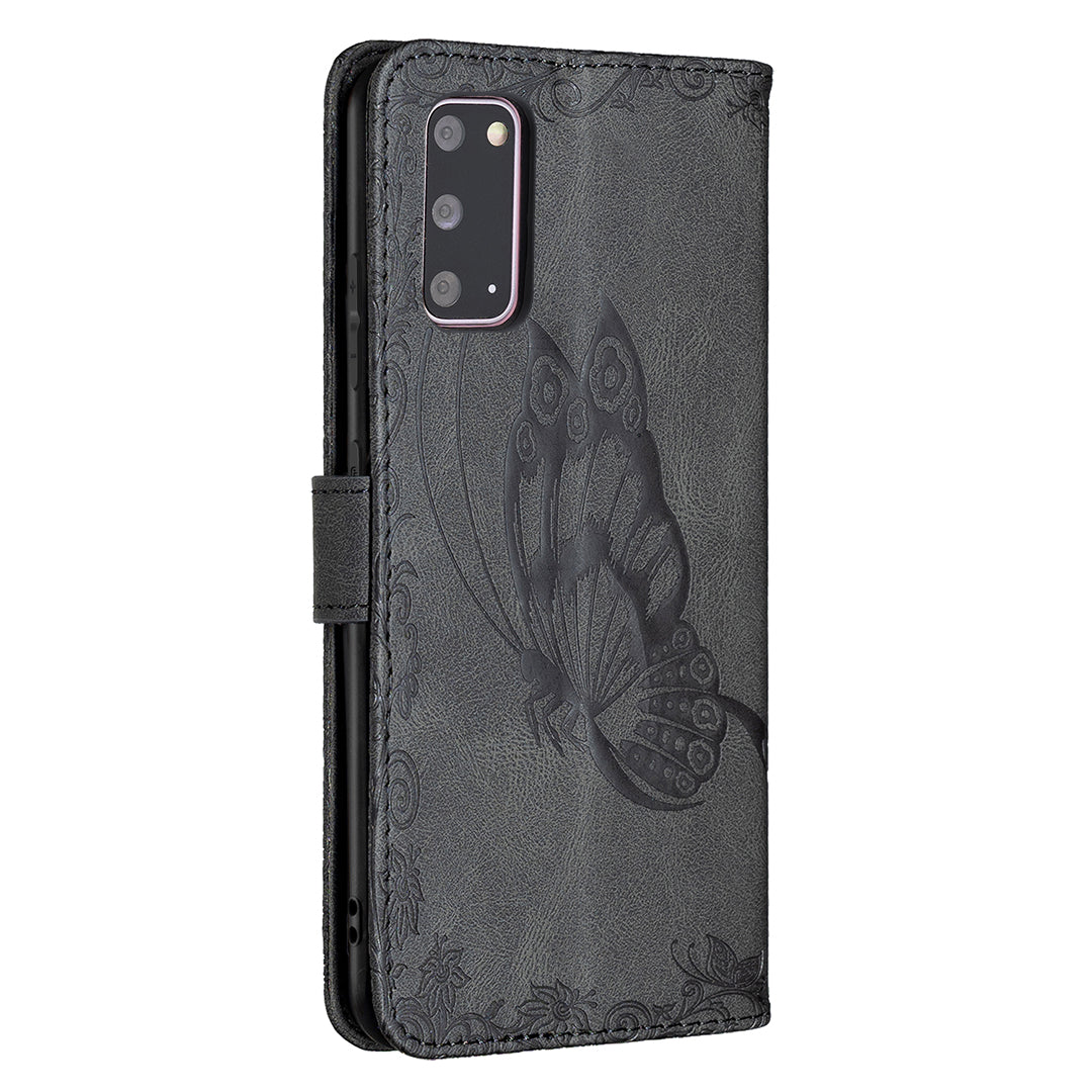 Imprint Butterfly Flower Leather Wallet Shell Case for Samsung Galaxy S20 4G/S20 5G - Black
