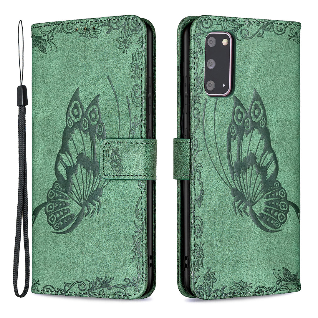 Imprint Butterfly Flower Leather Wallet Shell Case for Samsung Galaxy S20 4G/S20 5G - Green