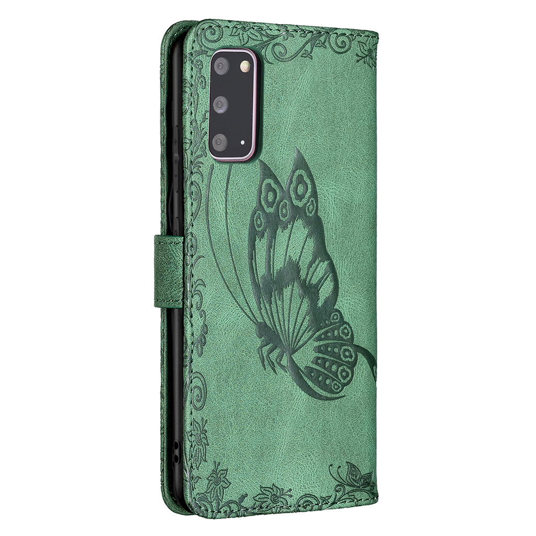 Imprint Butterfly Flower Leather Wallet Shell Case for Samsung Galaxy S20 4G/S20 5G - Green