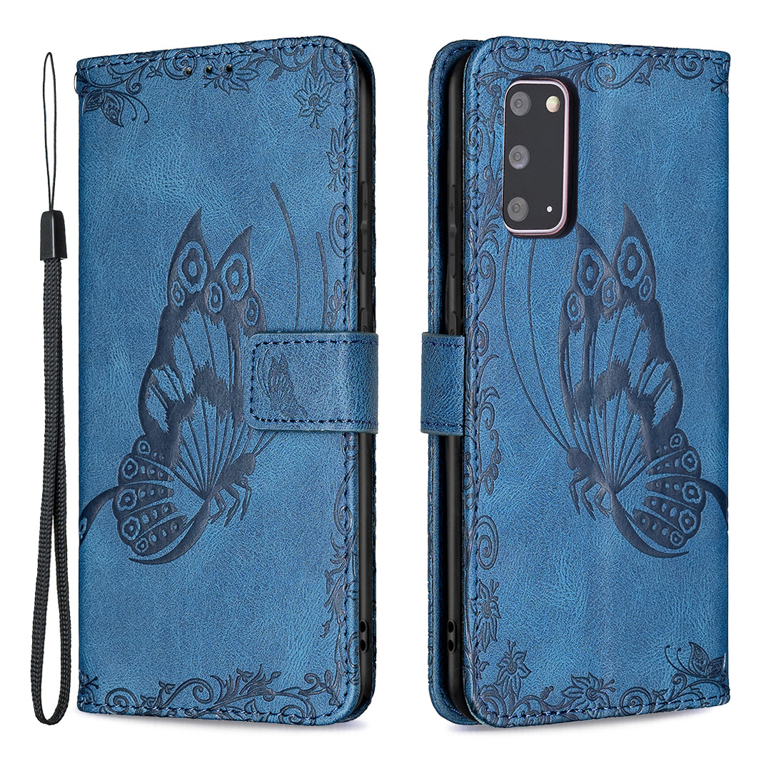 Imprint Butterfly Flower Leather Wallet Shell Case for Samsung Galaxy S20 4G/S20 5G - Blue