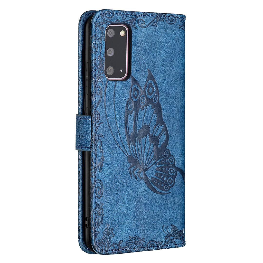 Imprint Butterfly Flower Leather Wallet Shell Case for Samsung Galaxy S20 4G/S20 5G - Blue