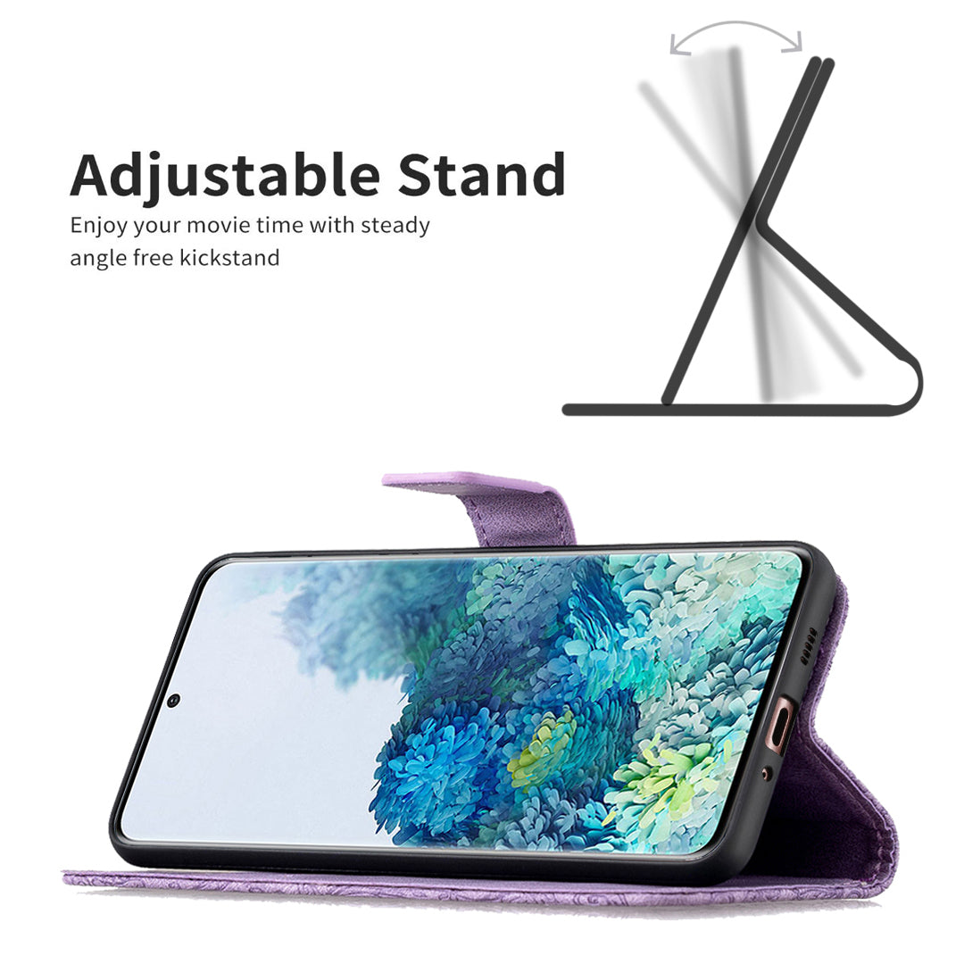 Imprint Butterfly Flower Leather Wallet Shell Case for Samsung Galaxy S20 4G/S20 5G - Purple