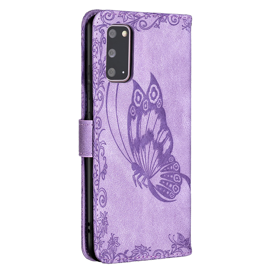 Imprint Butterfly Flower Leather Wallet Shell Case for Samsung Galaxy S20 4G/S20 5G - Purple
