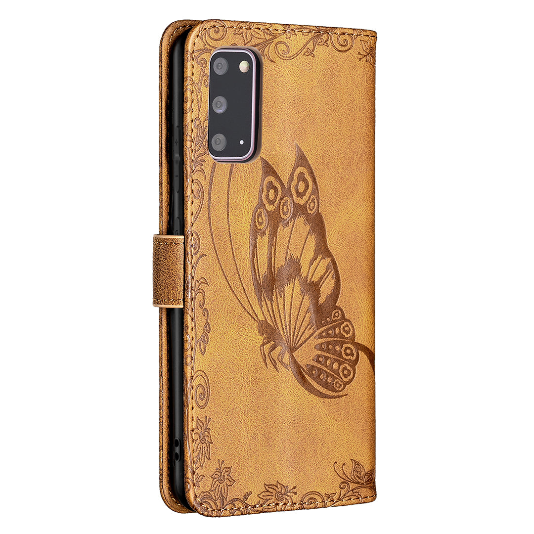Imprint Butterfly Flower Leather Wallet Shell Case for Samsung Galaxy S20 4G/S20 5G - Brown