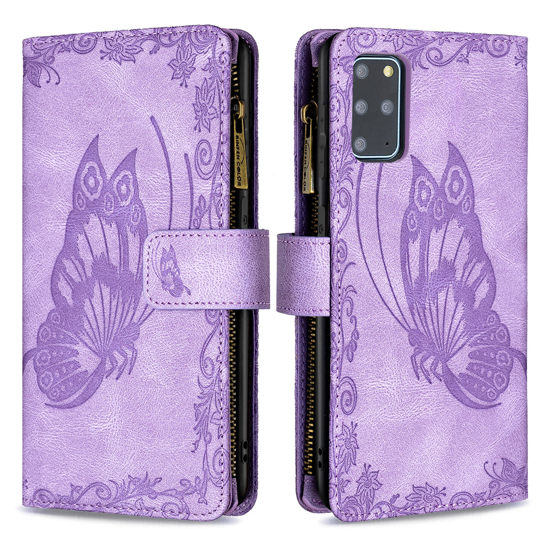 For Samsung Galaxy S20 Plus 4G / 5G Phone Case Zipper Pocket Design PU Leather Pattern Wallet Stand Cover - Purple