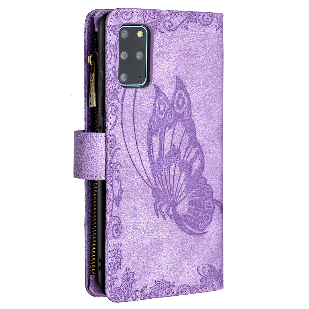 For Samsung Galaxy S20 Plus 4G / 5G Phone Case Zipper Pocket Design PU Leather Pattern Wallet Stand Cover - Purple