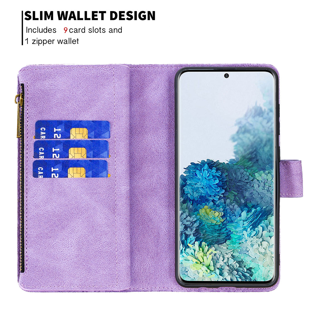 For Samsung Galaxy S20 Plus 4G / 5G Phone Case Zipper Pocket Design PU Leather Pattern Wallet Stand Cover - Purple