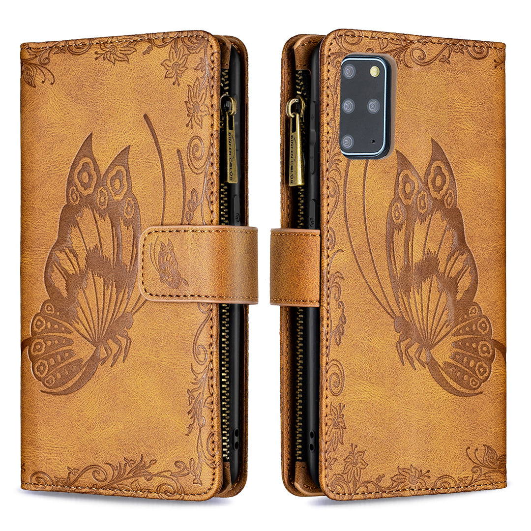 For Samsung Galaxy S20 Plus 4G / 5G Phone Case Zipper Pocket Design PU Leather Pattern Wallet Stand Cover - Brown
