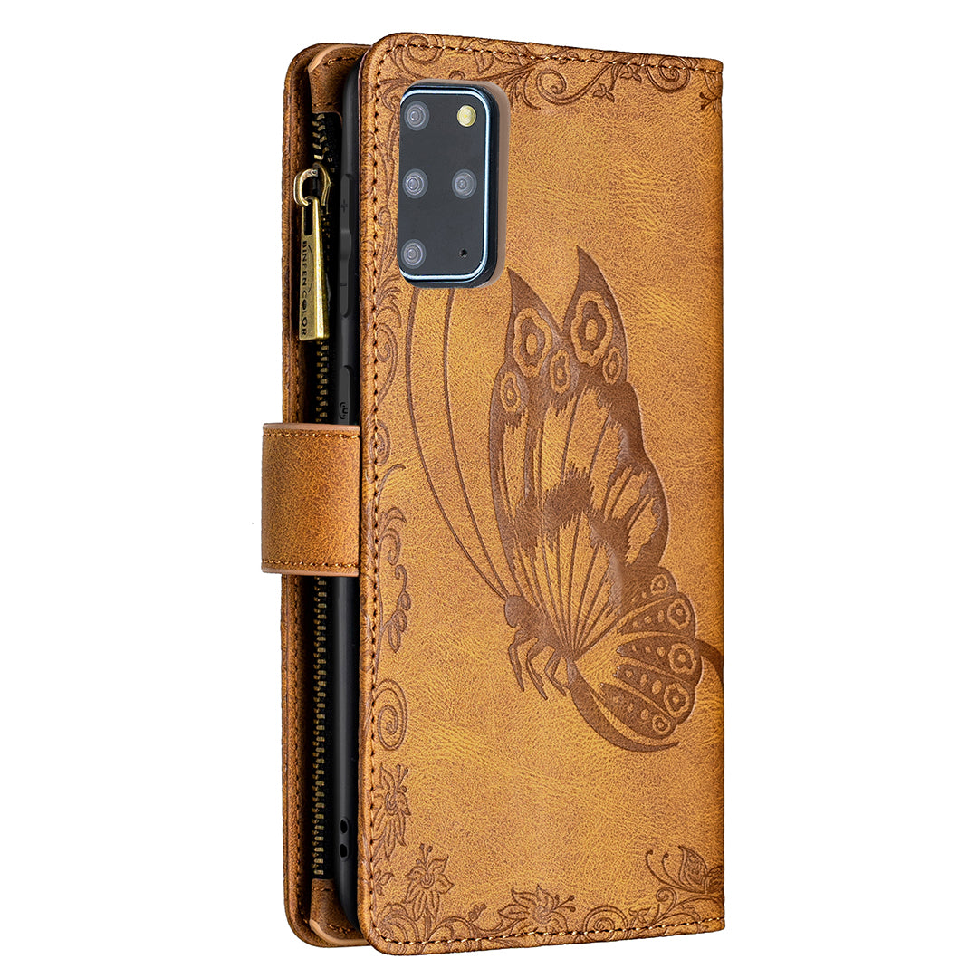 For Samsung Galaxy S20 Plus 4G / 5G Phone Case Zipper Pocket Design PU Leather Pattern Wallet Stand Cover - Brown