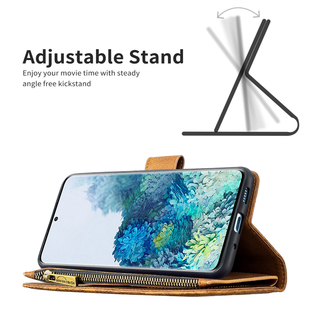 For Samsung Galaxy S20 Plus 4G / 5G Phone Case Zipper Pocket Design PU Leather Pattern Wallet Stand Cover - Brown
