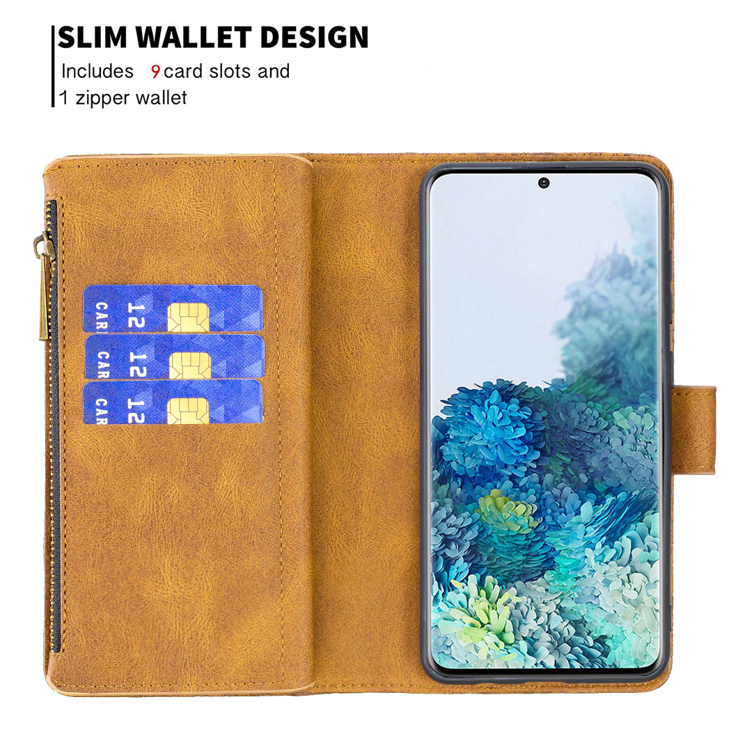 For Samsung Galaxy S20 Plus 4G / 5G Phone Case Zipper Pocket Design PU Leather Pattern Wallet Stand Cover - Brown