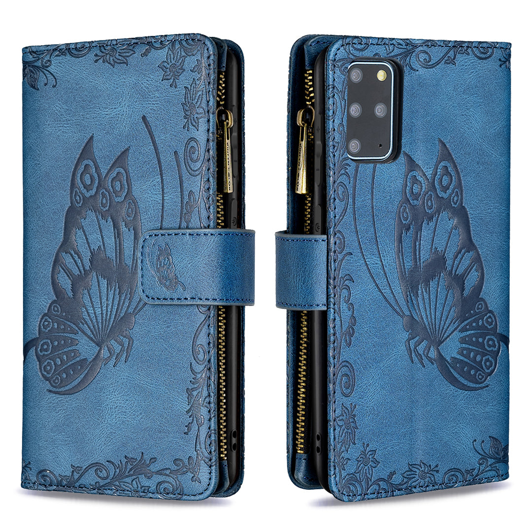 For Samsung Galaxy S20 Plus 4G / 5G Phone Case Zipper Pocket Design PU Leather Pattern Wallet Stand Cover - Blue