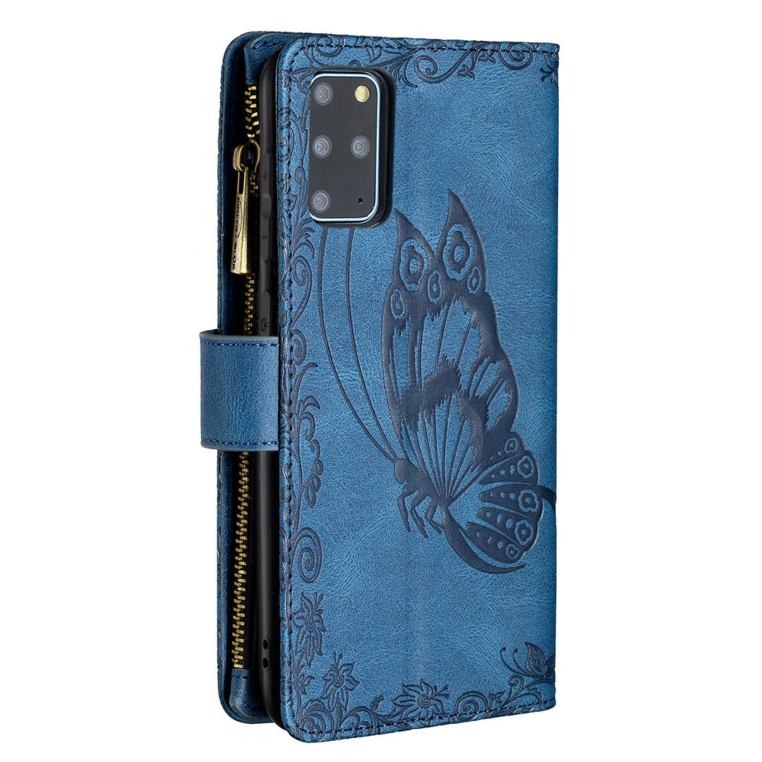 For Samsung Galaxy S20 Plus 4G / 5G Phone Case Zipper Pocket Design PU Leather Pattern Wallet Stand Cover - Blue