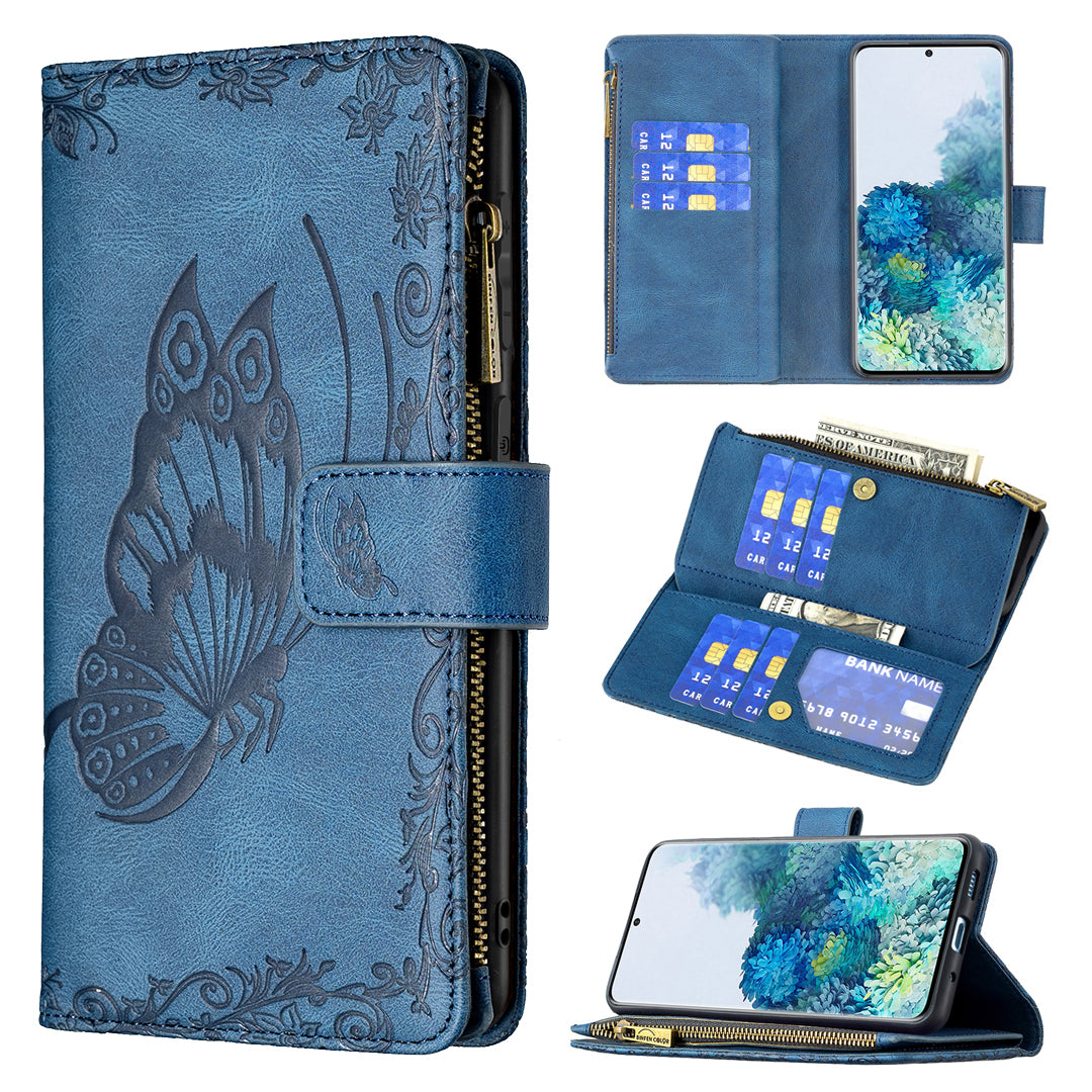 For Samsung Galaxy S20 Plus 4G / 5G Phone Case Zipper Pocket Design PU Leather Pattern Wallet Stand Cover - Blue