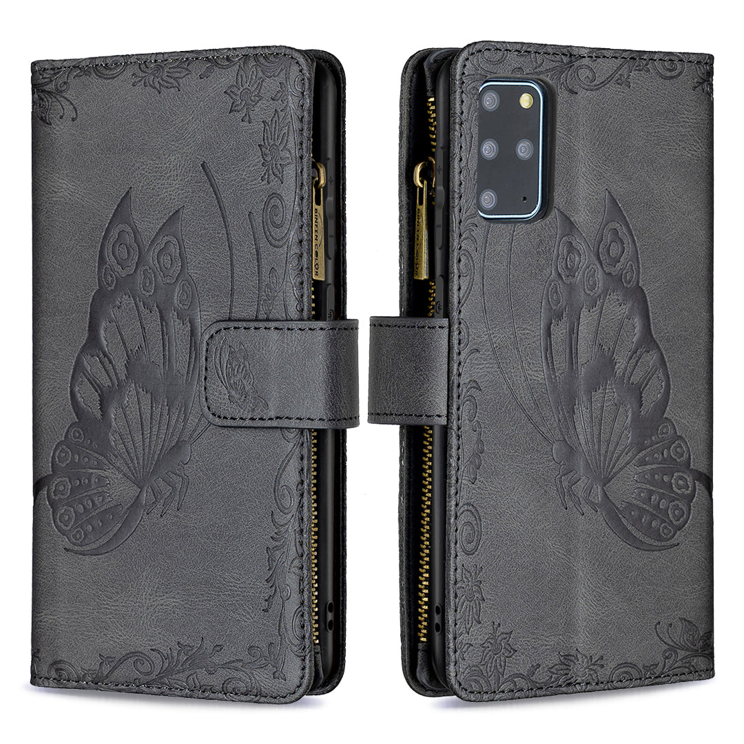 For Samsung Galaxy S20 Plus 4G / 5G Phone Case Zipper Pocket Design PU Leather Pattern Wallet Stand Cover - Black