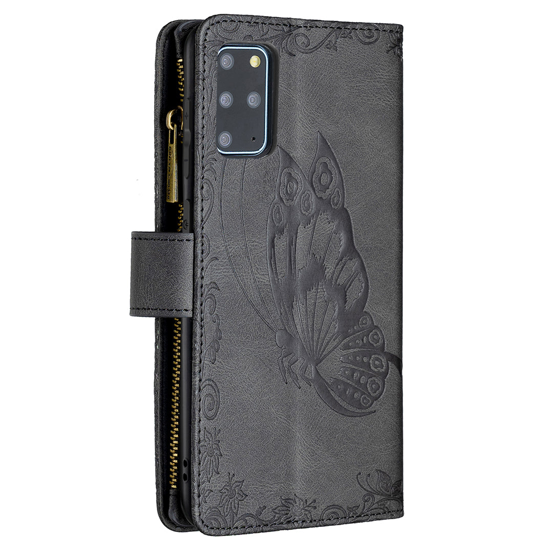 For Samsung Galaxy S20 Plus 4G / 5G Phone Case Zipper Pocket Design PU Leather Pattern Wallet Stand Cover - Black
