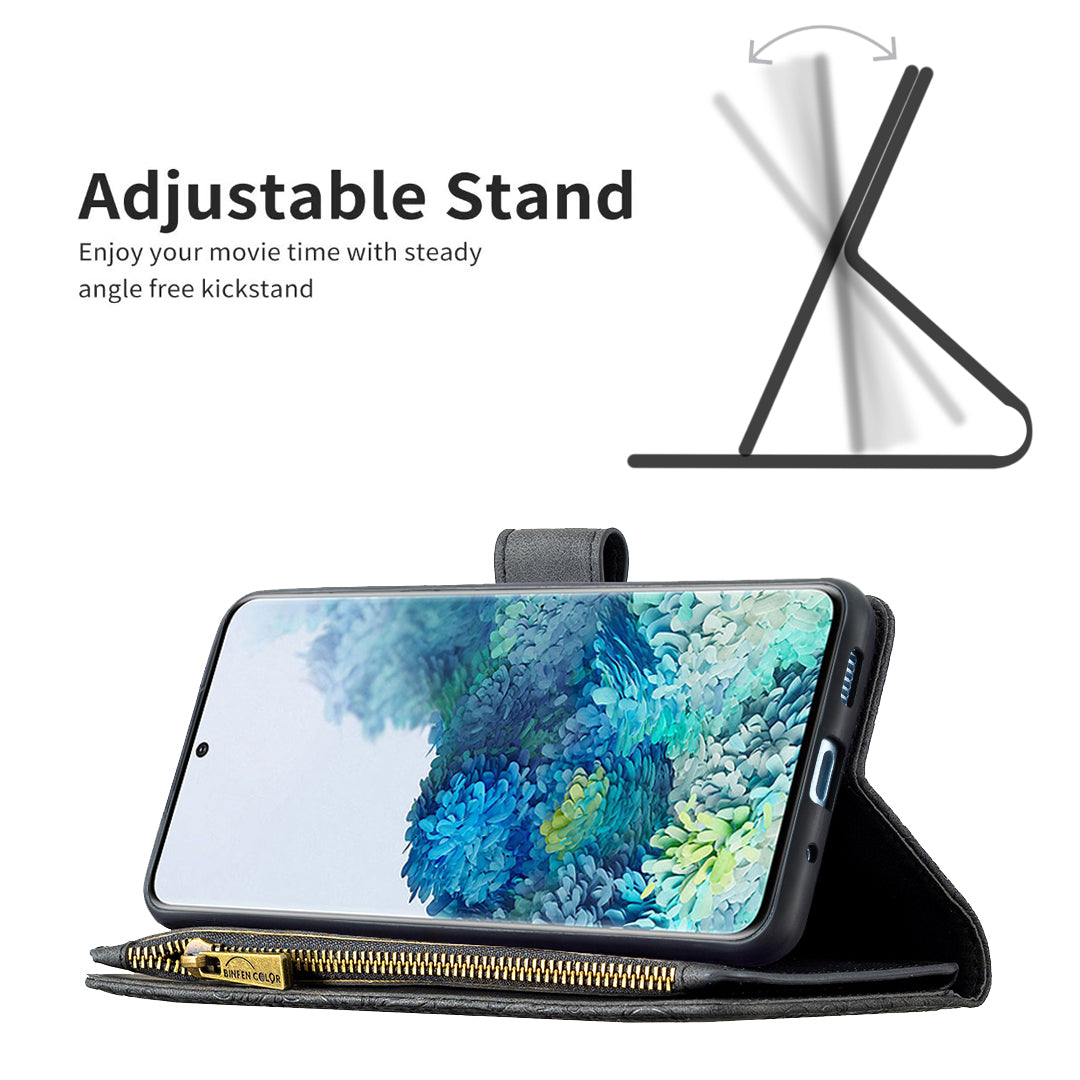 For Samsung Galaxy S20 Plus 4G / 5G Phone Case Zipper Pocket Design PU Leather Pattern Wallet Stand Cover - Black
