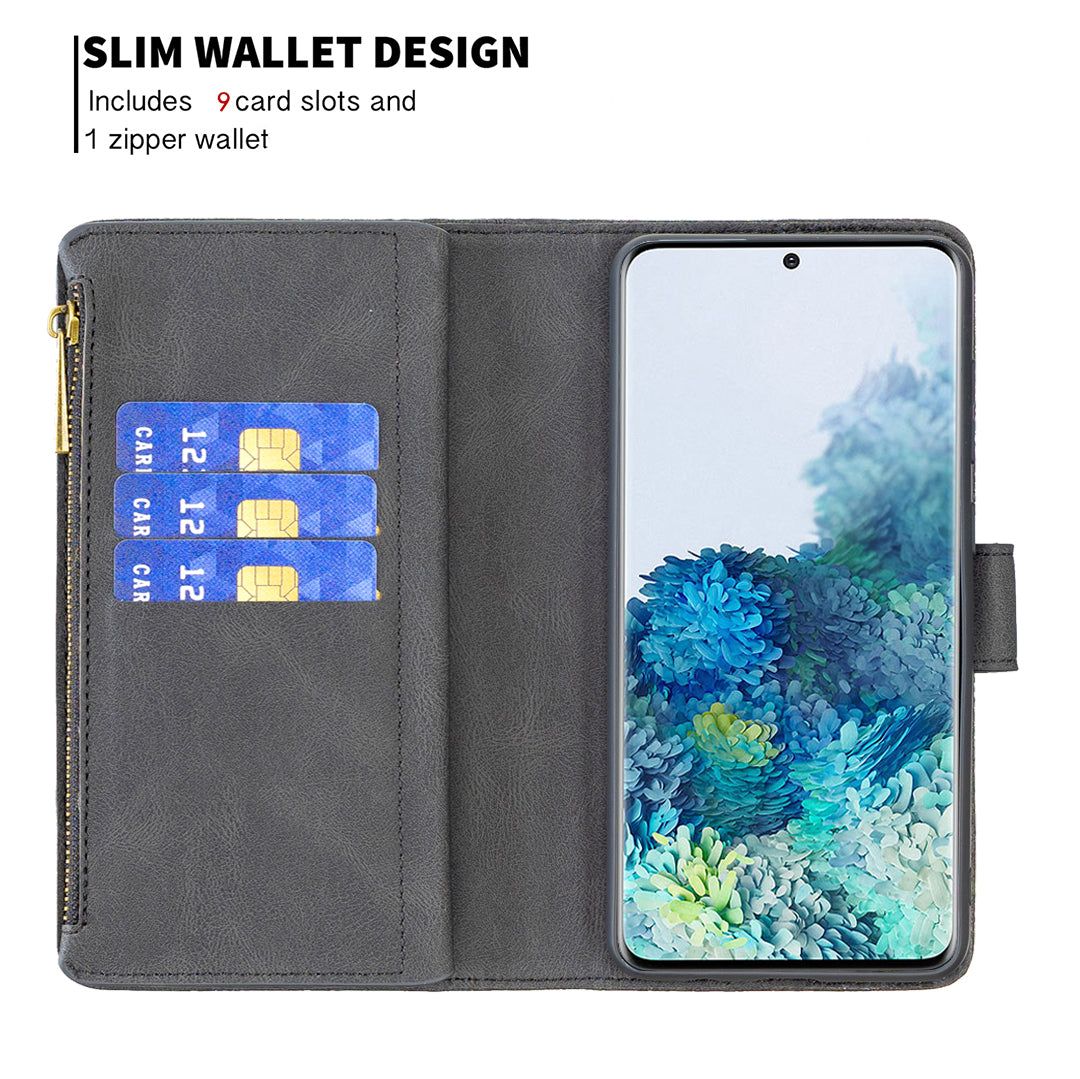 For Samsung Galaxy S20 Plus 4G / 5G Phone Case Zipper Pocket Design PU Leather Pattern Wallet Stand Cover - Black