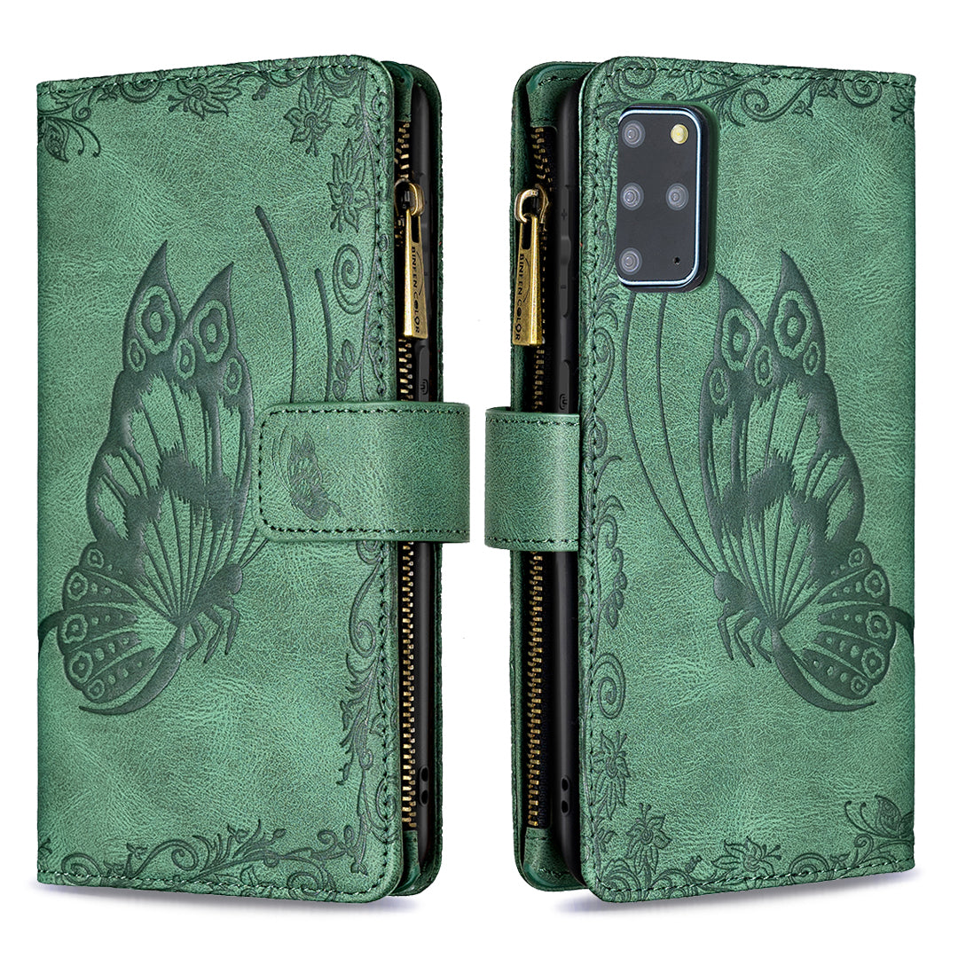 For Samsung Galaxy S20 Plus 4G / 5G Phone Case Zipper Pocket Design PU Leather Pattern Wallet Stand Cover - Green