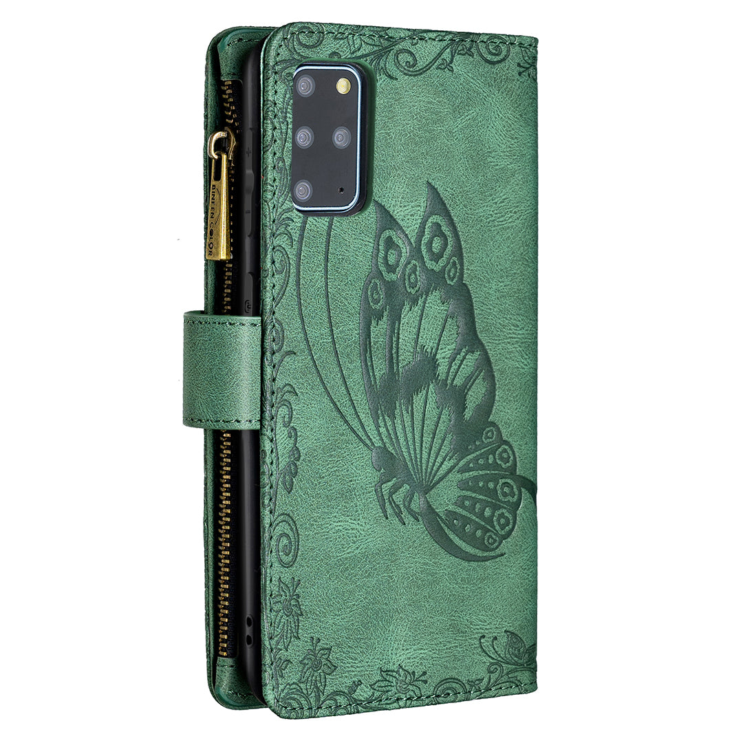 For Samsung Galaxy S20 Plus 4G / 5G Phone Case Zipper Pocket Design PU Leather Pattern Wallet Stand Cover - Green