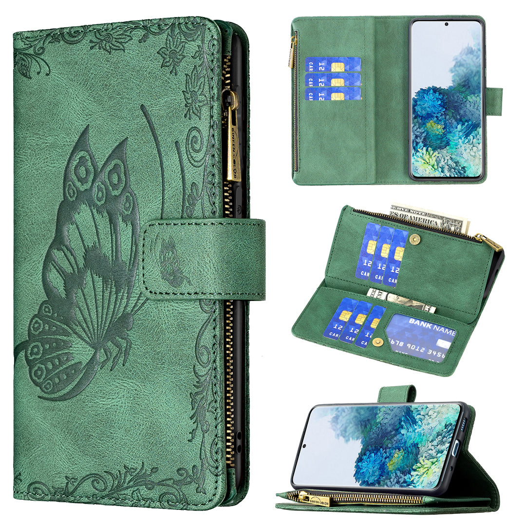 For Samsung Galaxy S20 Plus 4G / 5G Phone Case Zipper Pocket Design PU Leather Pattern Wallet Stand Cover - Green