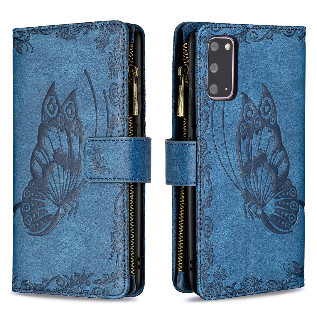 For Samsung Galaxy S20 4G / S20 5G Pattern Leather Phone Case Zipper Pocket Wallet Stand Flip Cover - Blue
