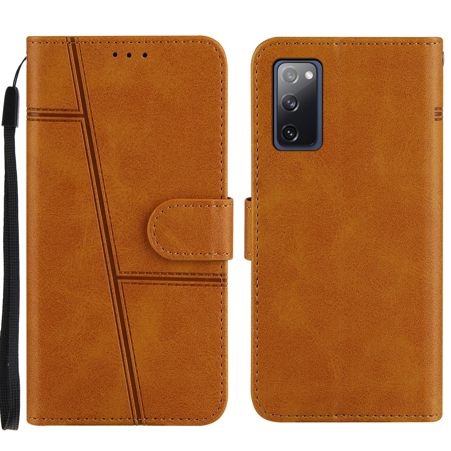 Full Protection Wallet Stand Design Concise Splicing Leather Phone Cover Case with Strap for Samsung Galaxy S20 FE 2022/S20 FE 4G/S20 FE 5G/S20 Lite - Brown