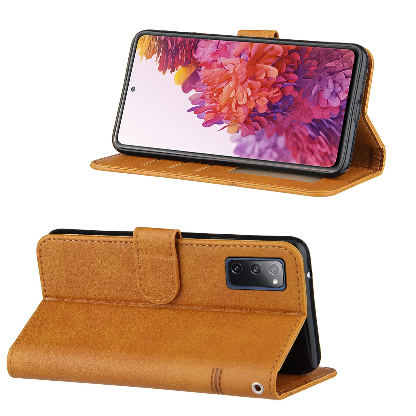Full Protection Wallet Stand Design Concise Splicing Leather Phone Cover Case with Strap for Samsung Galaxy S20 FE 2022/S20 FE 4G/S20 FE 5G/S20 Lite - Brown