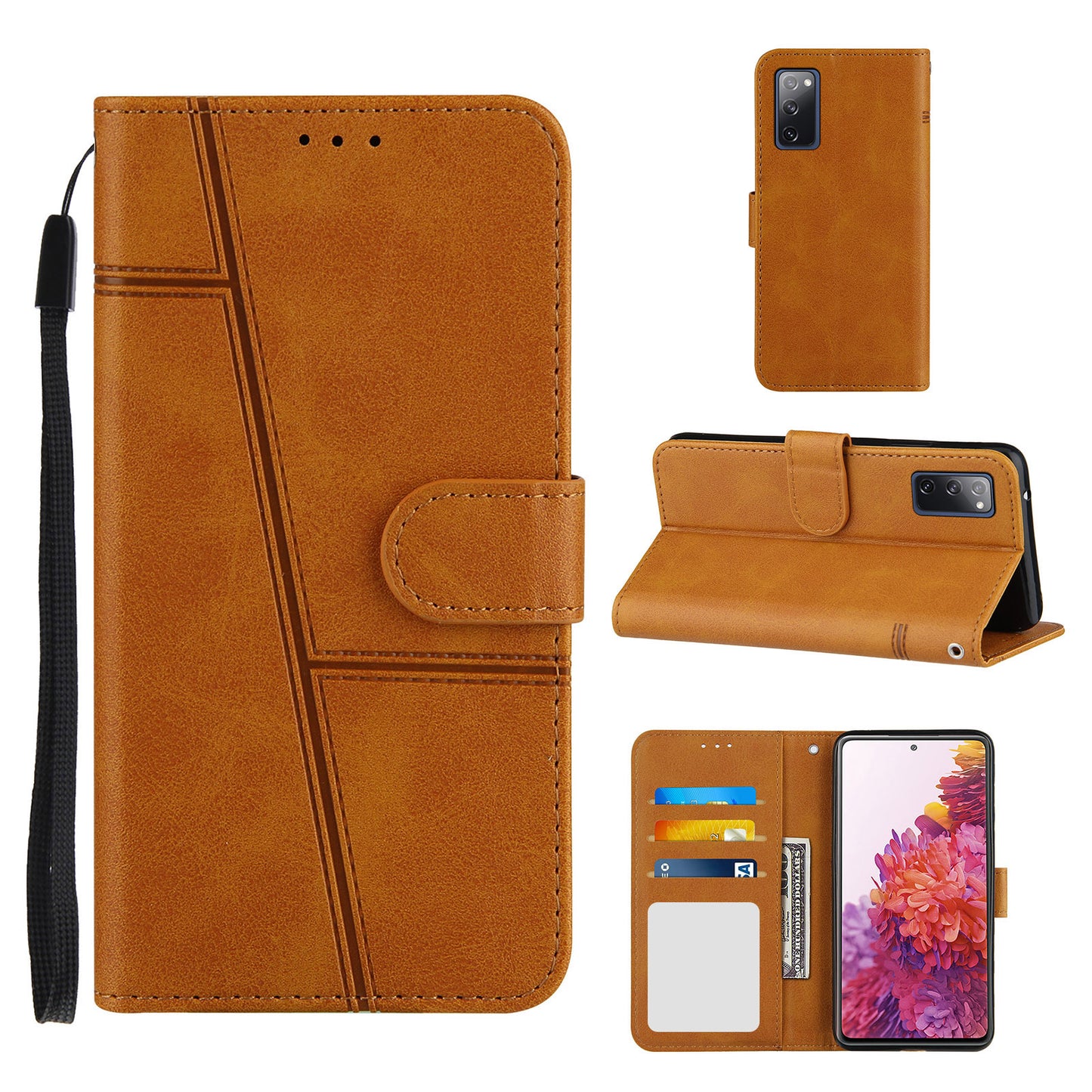 Full Protection Wallet Stand Design Concise Splicing Leather Phone Cover Case with Strap for Samsung Galaxy S20 FE 2022/S20 FE 4G/S20 FE 5G/S20 Lite - Brown