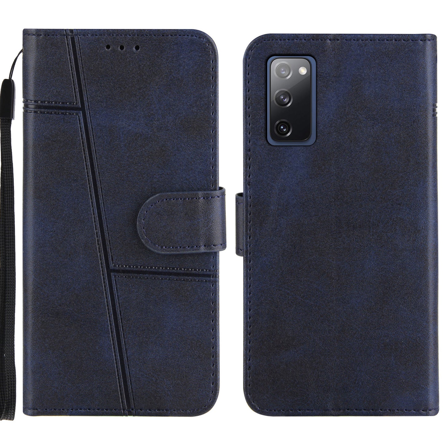 Full Protection Wallet Stand Design Concise Splicing Leather Phone Cover Case with Strap for Samsung Galaxy S20 FE 2022/S20 FE 4G/S20 FE 5G/S20 Lite - Blue