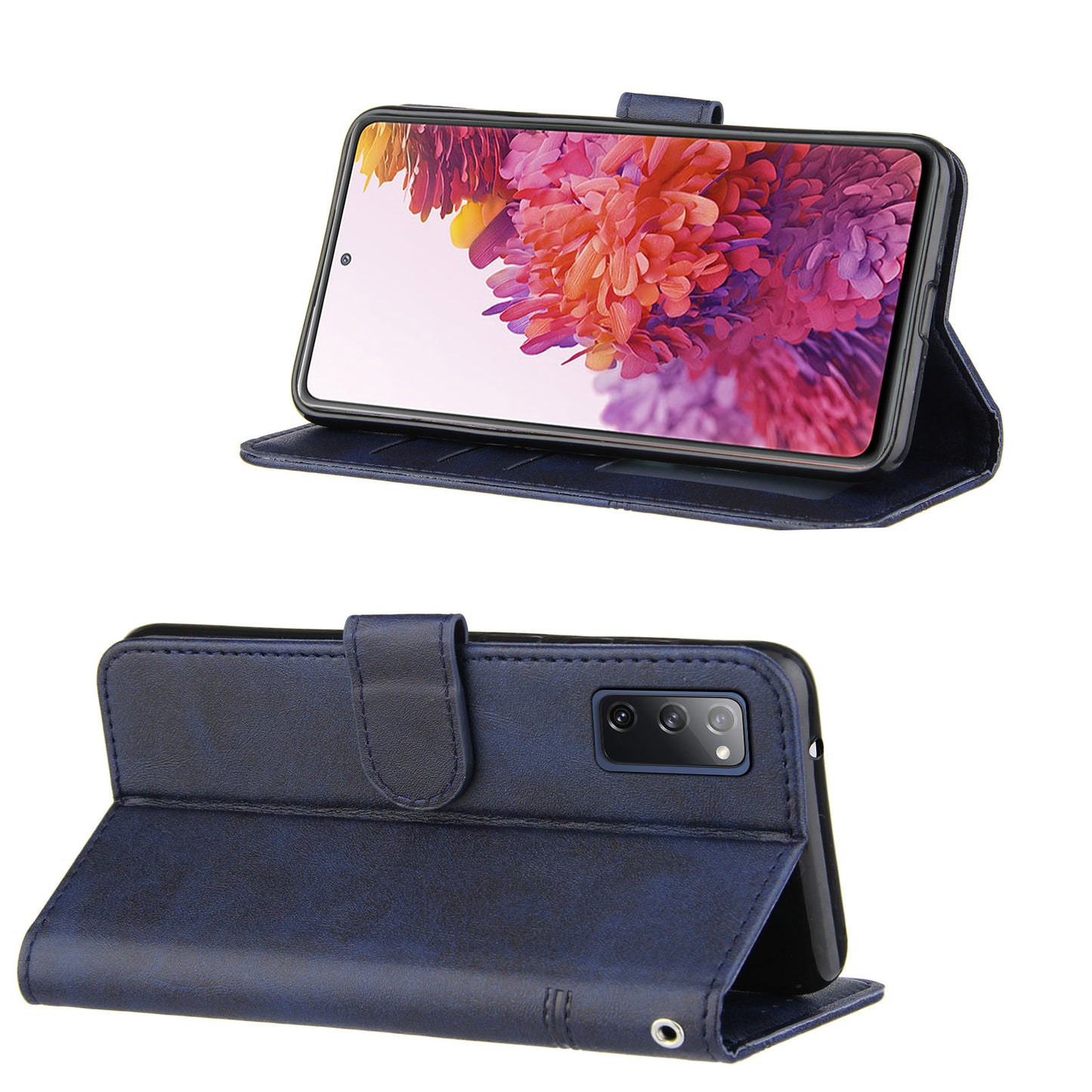 Full Protection Wallet Stand Design Concise Splicing Leather Phone Cover Case with Strap for Samsung Galaxy S20 FE 2022/S20 FE 4G/S20 FE 5G/S20 Lite - Blue