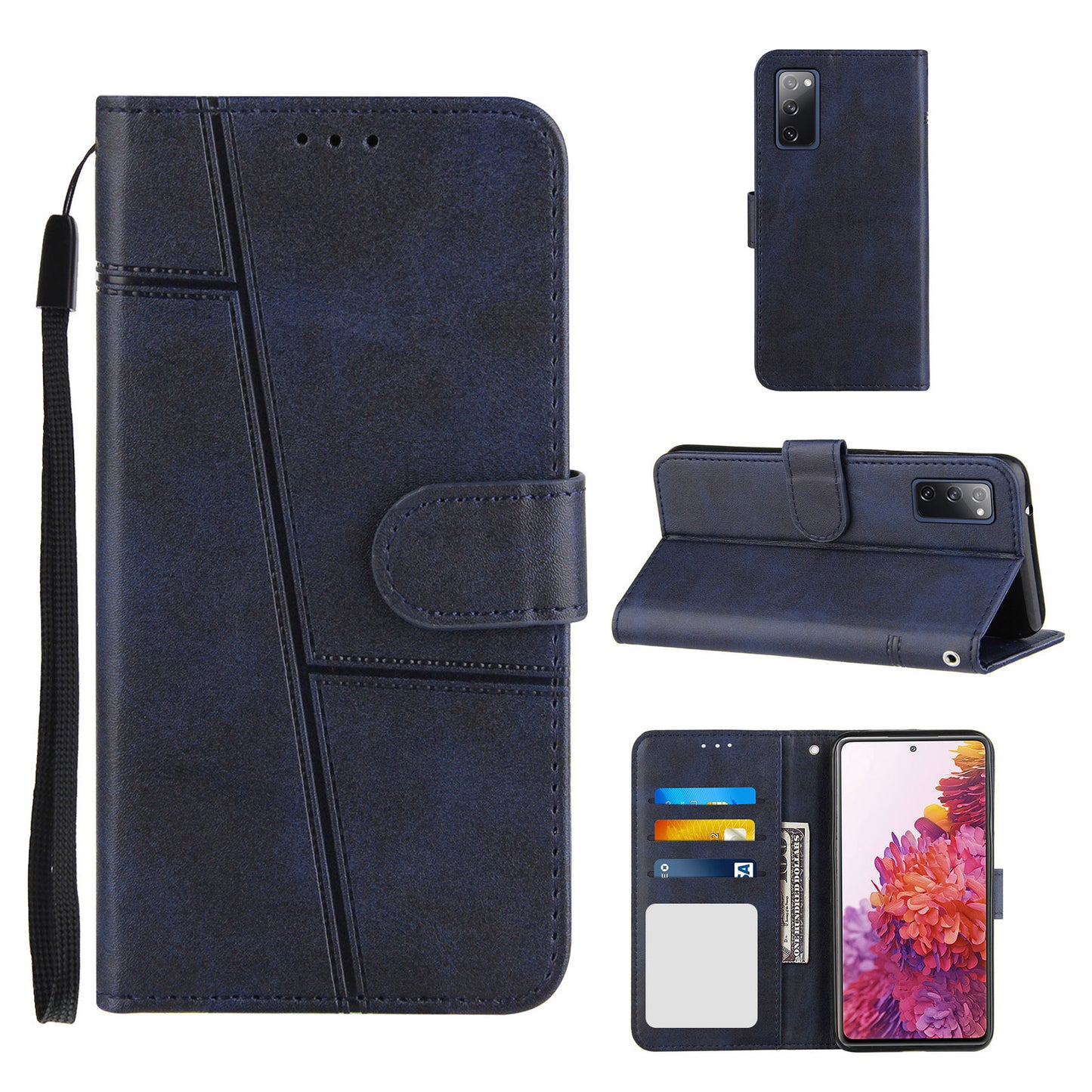 Full Protection Wallet Stand Design Concise Splicing Leather Phone Cover Case with Strap for Samsung Galaxy S20 FE 2022/S20 FE 4G/S20 FE 5G/S20 Lite - Blue