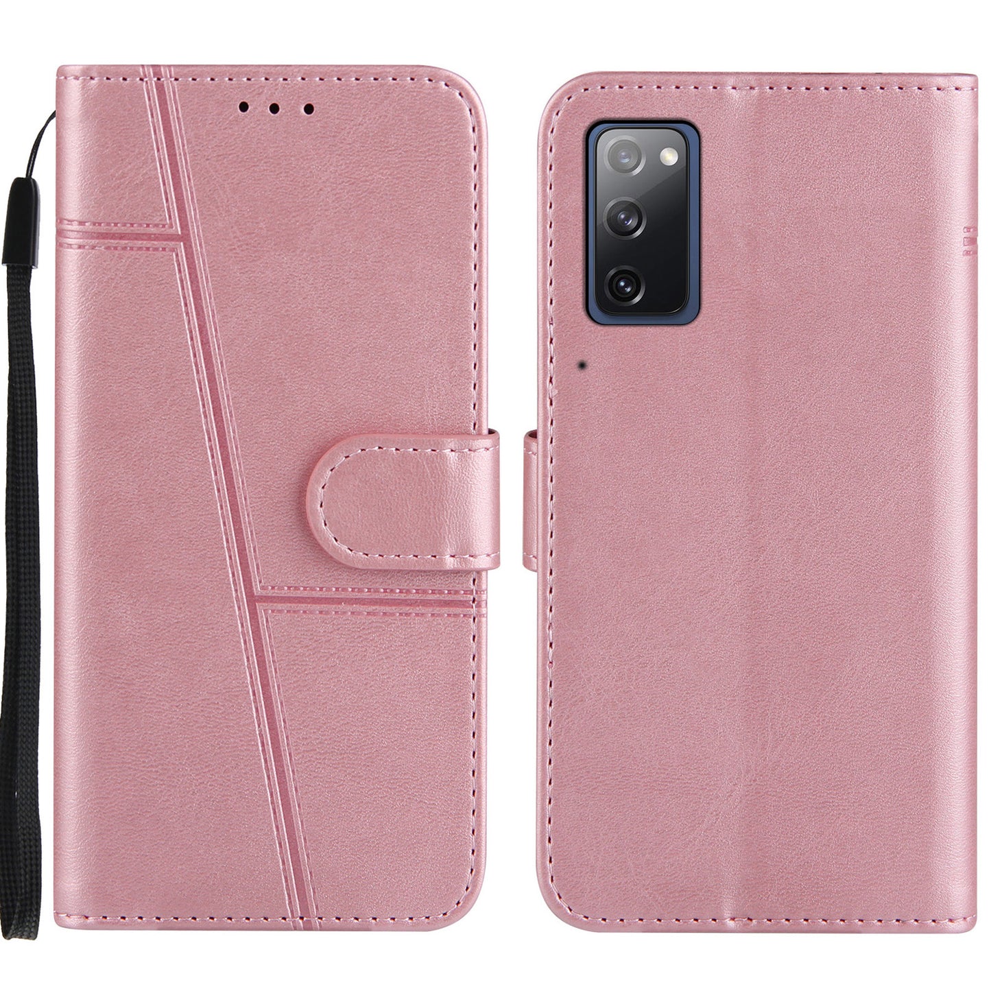Full Protection Wallet Stand Design Concise Splicing Leather Phone Cover Case with Strap for Samsung Galaxy S20 FE 2022/S20 FE 4G/S20 FE 5G/S20 Lite - Pink