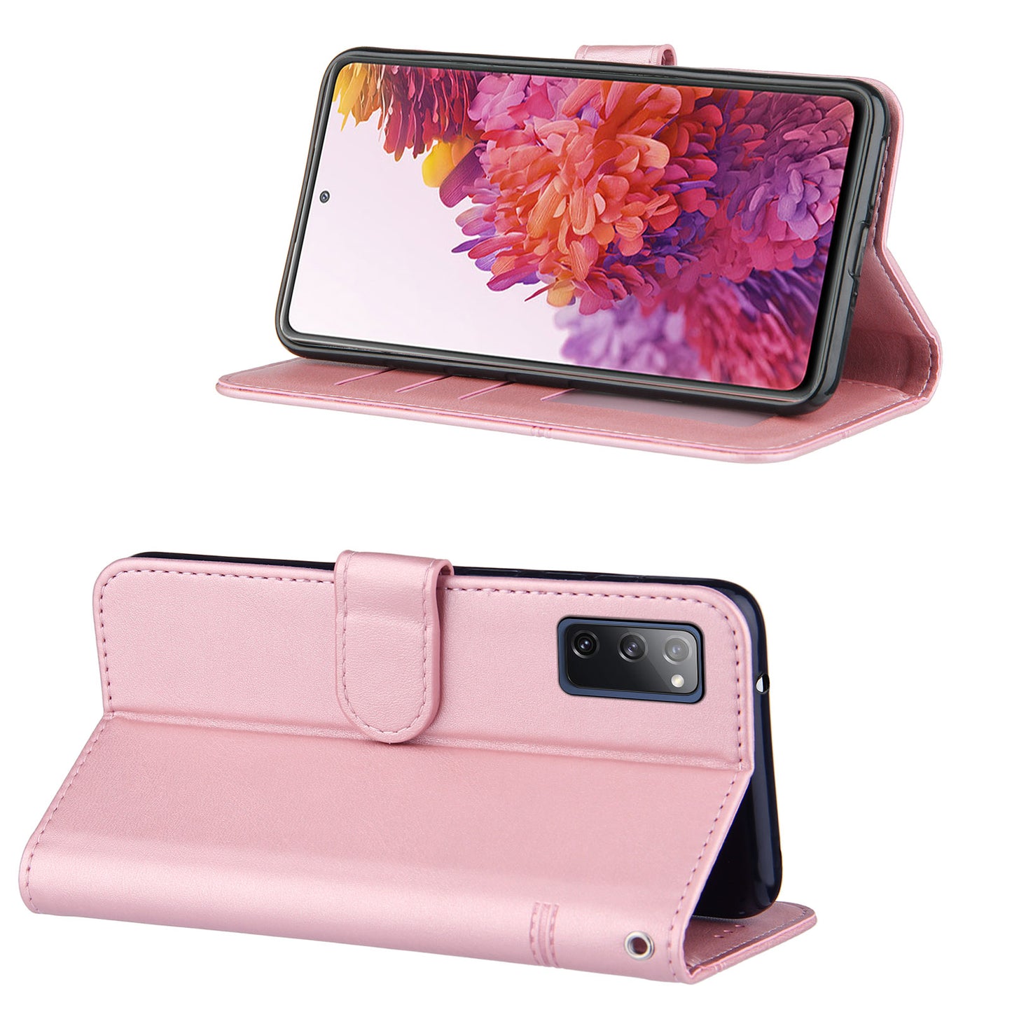 Full Protection Wallet Stand Design Concise Splicing Leather Phone Cover Case with Strap for Samsung Galaxy S20 FE 2022/S20 FE 4G/S20 FE 5G/S20 Lite - Pink