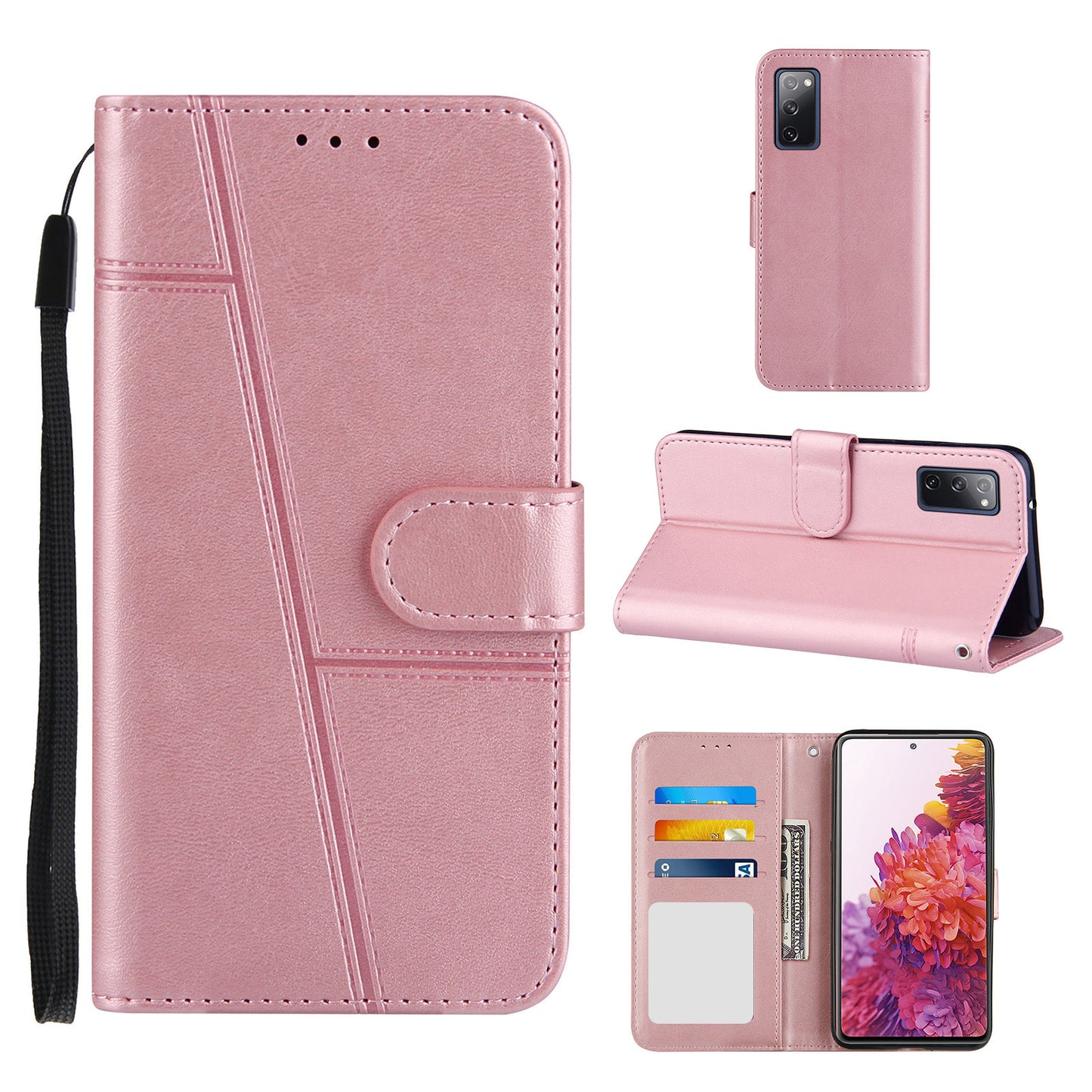 Full Protection Wallet Stand Design Concise Splicing Leather Phone Cover Case with Strap for Samsung Galaxy S20 FE 2022/S20 FE 4G/S20 FE 5G/S20 Lite - Pink