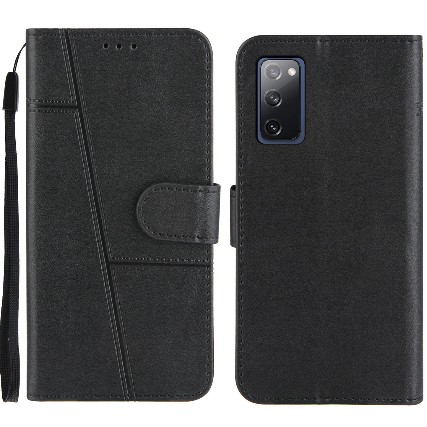 Full Protection Wallet Stand Design Concise Splicing Leather Phone Cover Case with Strap for Samsung Galaxy S20 FE 2022/S20 FE 4G/S20 FE 5G/S20 Lite - Black
