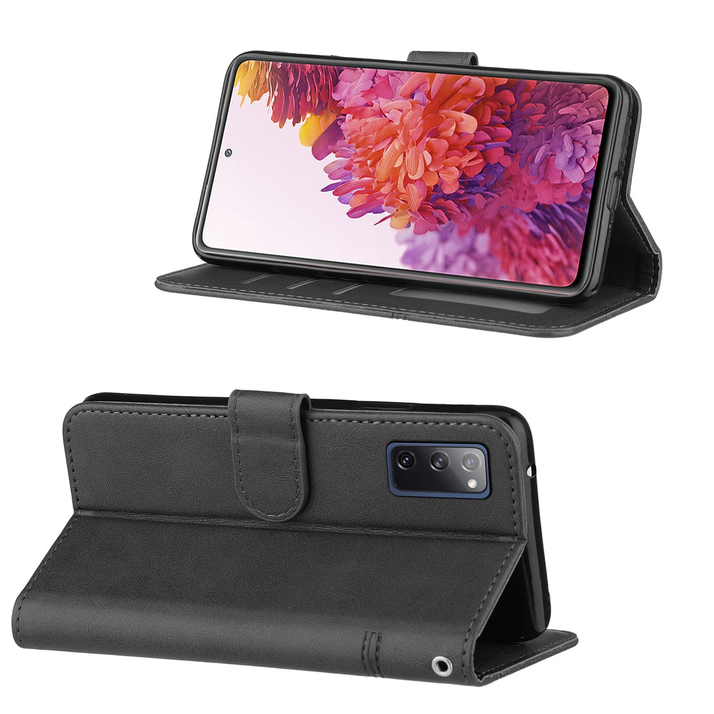 Full Protection Wallet Stand Design Concise Splicing Leather Phone Cover Case with Strap for Samsung Galaxy S20 FE 2022/S20 FE 4G/S20 FE 5G/S20 Lite - Black