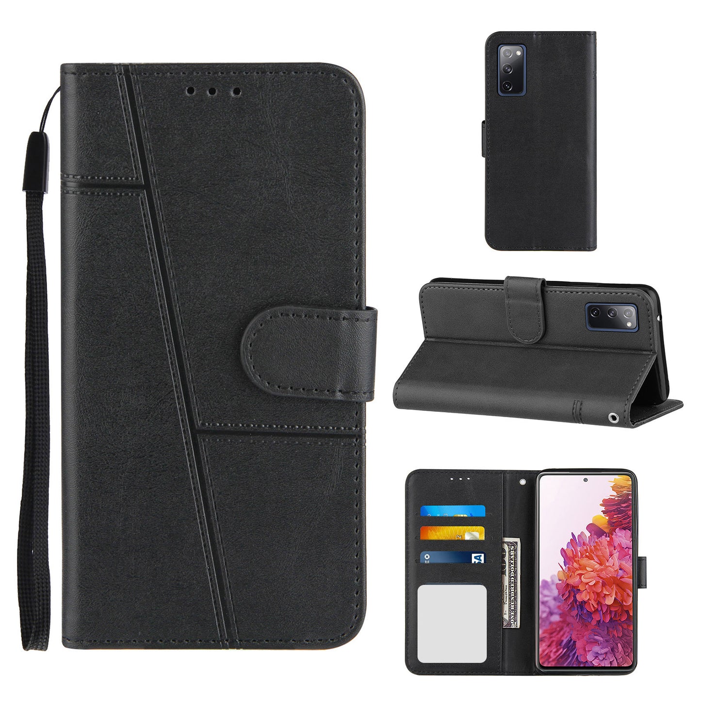 Full Protection Wallet Stand Design Concise Splicing Leather Phone Cover Case with Strap for Samsung Galaxy S20 FE 2022/S20 FE 4G/S20 FE 5G/S20 Lite - Black