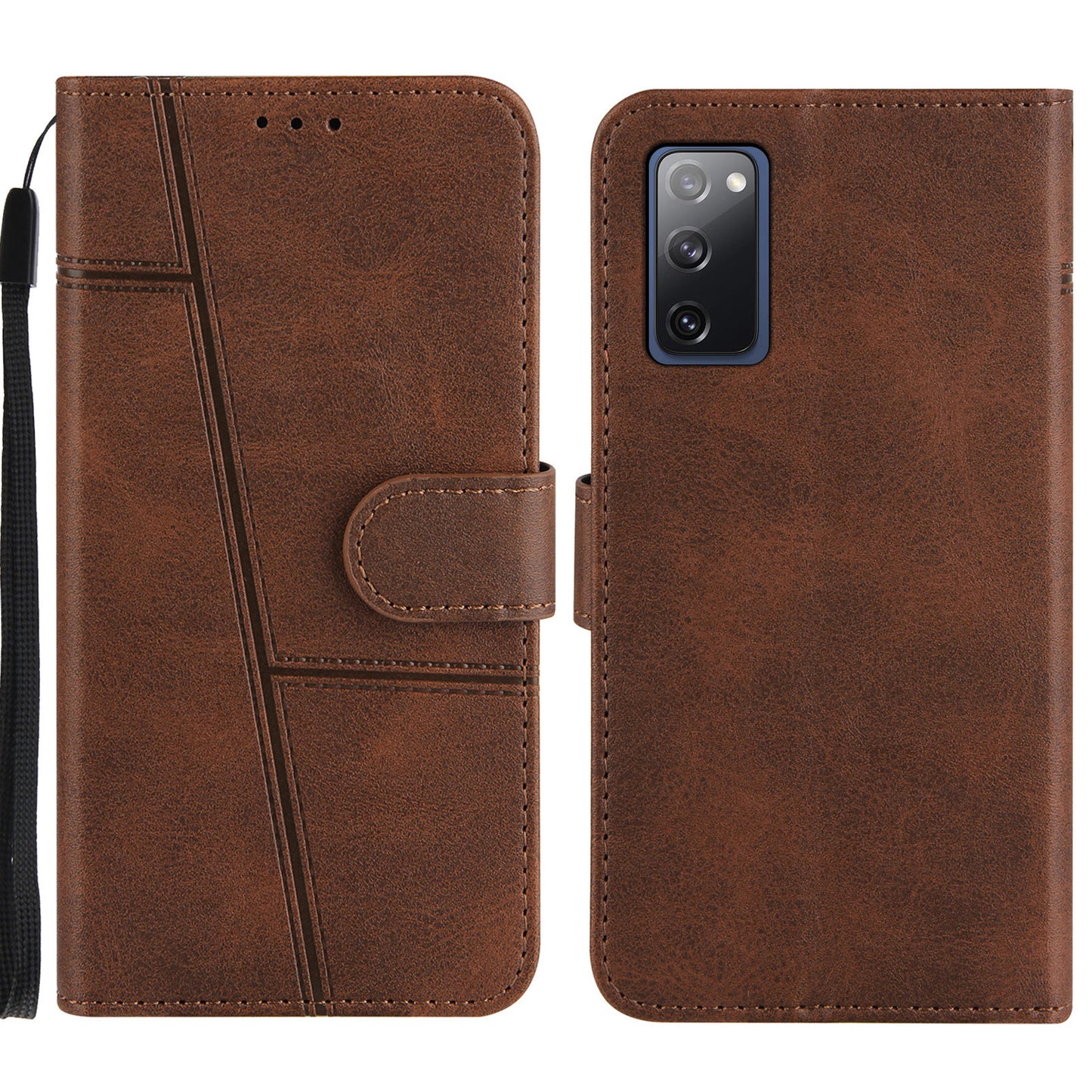 Full Protection Wallet Stand Design Concise Splicing Leather Phone Cover Case with Strap for Samsung Galaxy S20 FE 2022/S20 FE 4G/S20 FE 5G/S20 Lite - Coffee