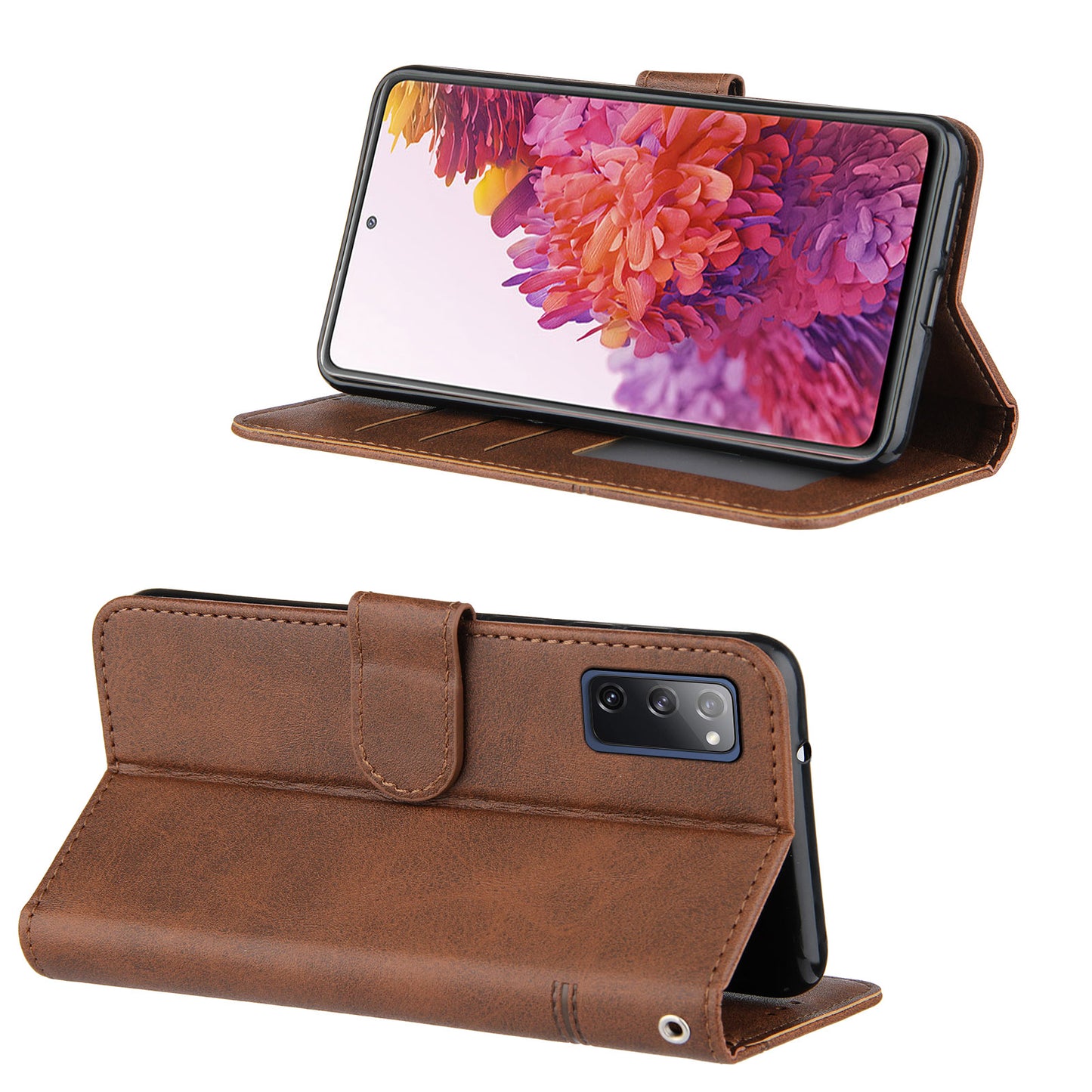 Full Protection Wallet Stand Design Concise Splicing Leather Phone Cover Case with Strap for Samsung Galaxy S20 FE 2022/S20 FE 4G/S20 FE 5G/S20 Lite - Coffee