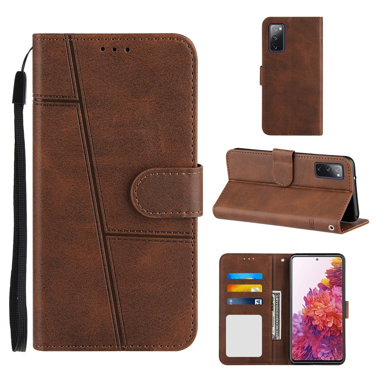 Full Protection Wallet Stand Design Concise Splicing Leather Phone Cover Case with Strap for Samsung Galaxy S20 FE 2022/S20 FE 4G/S20 FE 5G/S20 Lite - Coffee
